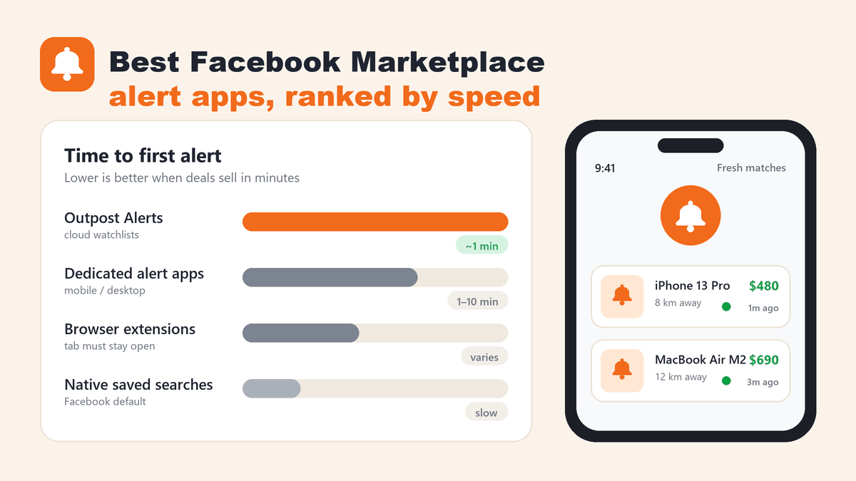Comparison of Facebook Marketplace alert tools ranked by time to first alert, with Outpost Alerts cloud watchlists fastest and native saved searches slowest