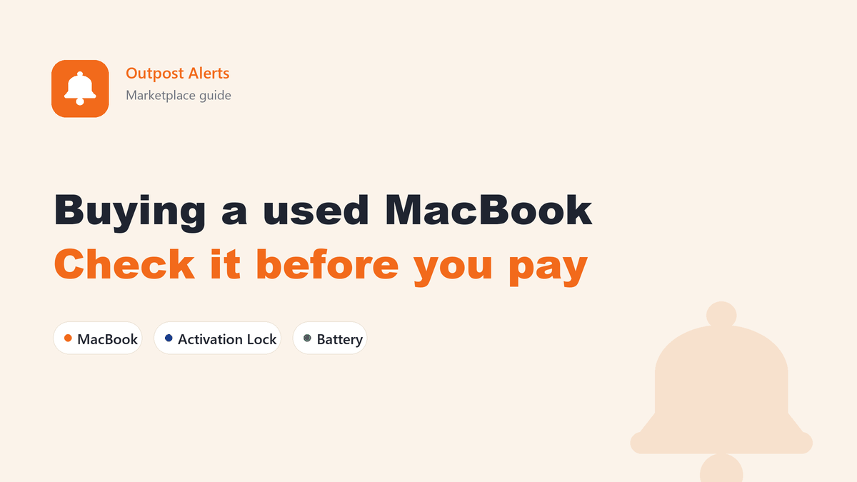 A Facebook Marketplace alert for a used MacBook listed a few minutes ago, next to a checklist of Activation Lock, Remote Management and battery cycle count