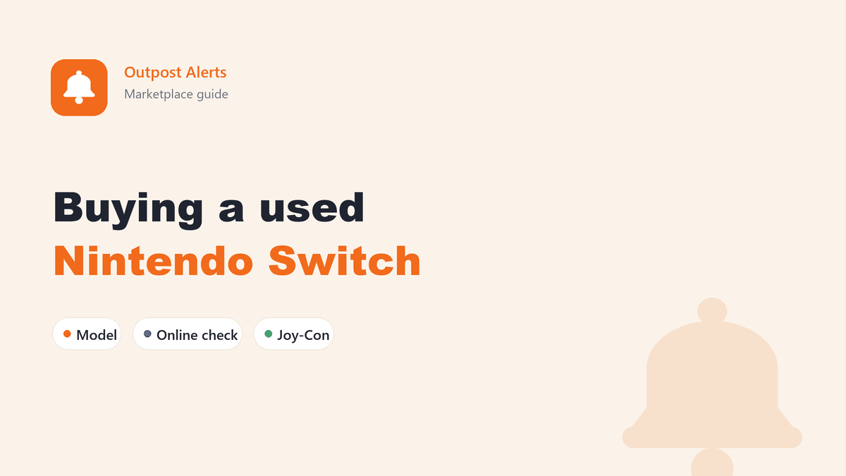 A Facebook Marketplace alert for a used Nintendo Switch OLED listed a few minutes ago, next to a checklist of model number, online check and Joy-Con test