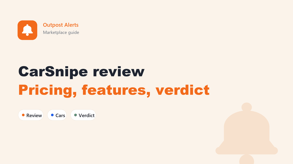 Review summary of the CarSnipe car alert tool showing its plans, check intervals and Telegram delivery