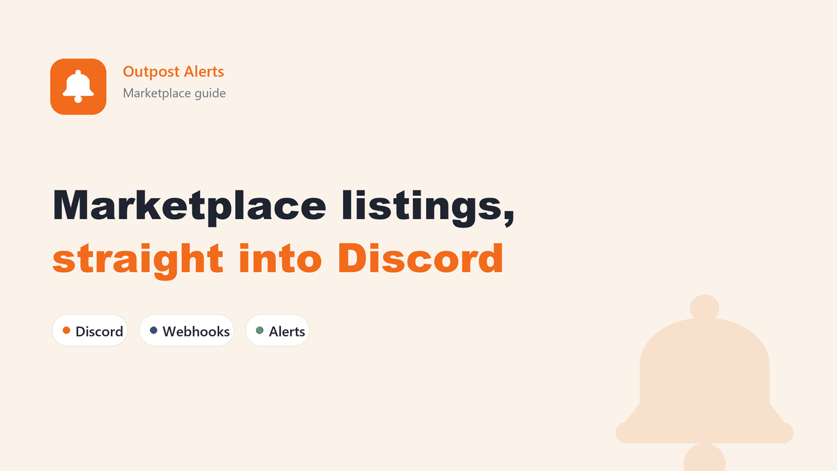 A Discord channel receiving a new Facebook Marketplace listing alert with title, price, location and an open button