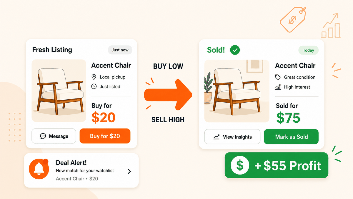 Outpost Alerts deal cards showing an accent chair bought for $20 from a fresh listing and resold for $75, a $55 profit, with a watchlist deal alert