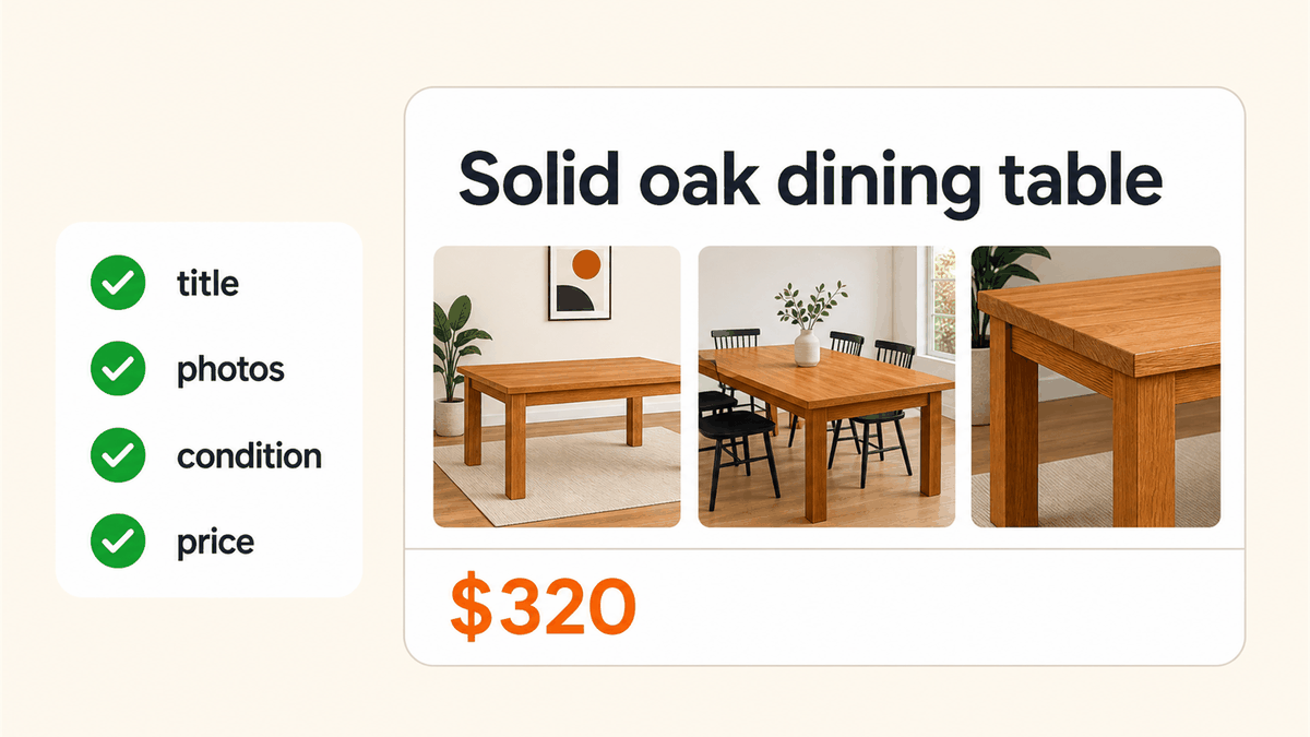Facebook Marketplace listing mockup with a keyword title, photo grid, price, and quality checklist