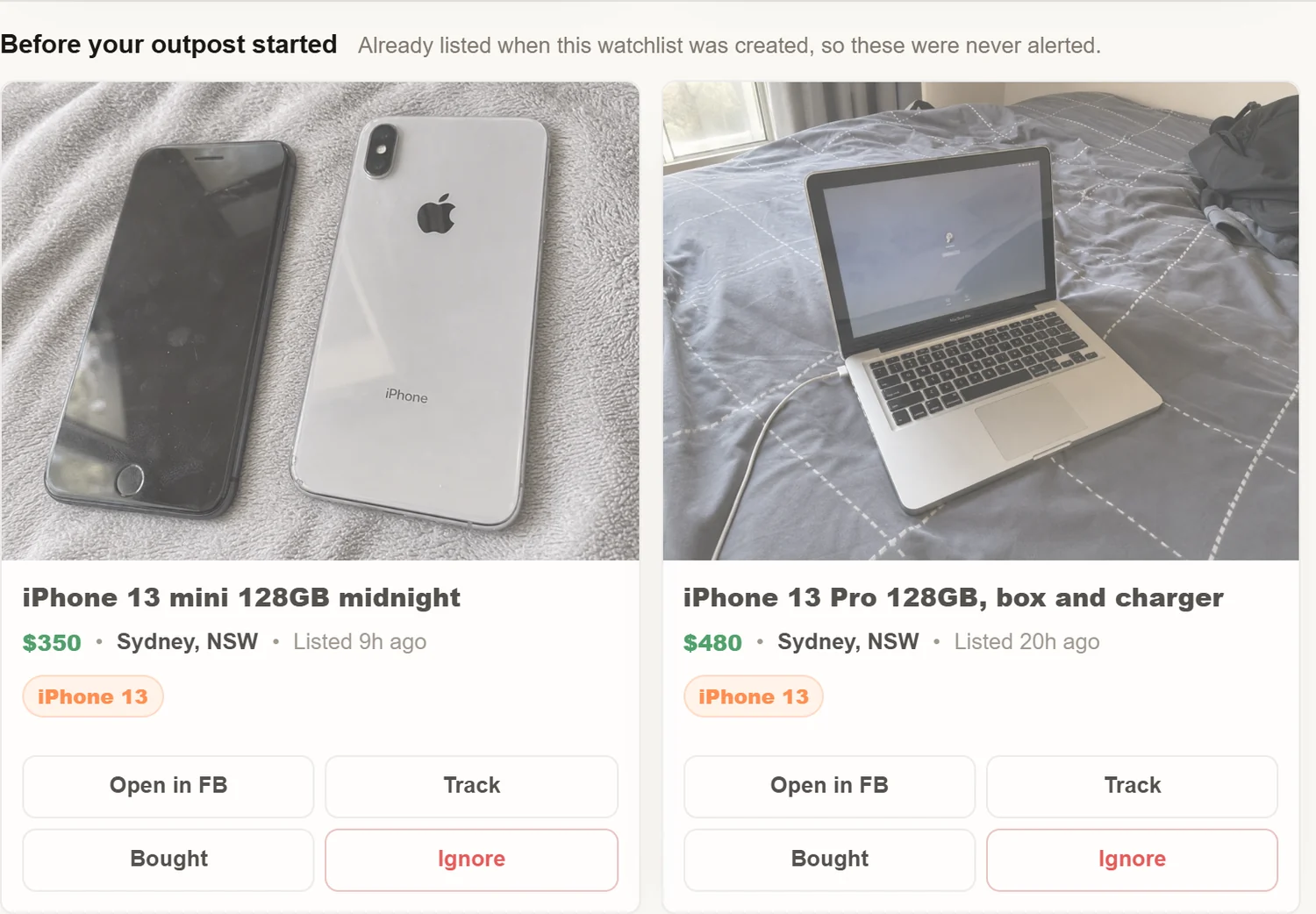 The Alerts tab showing a section titled Before your outpost started with two greyed-out iPhone listings, each marked Listed 9h ago and Listed 20h ago