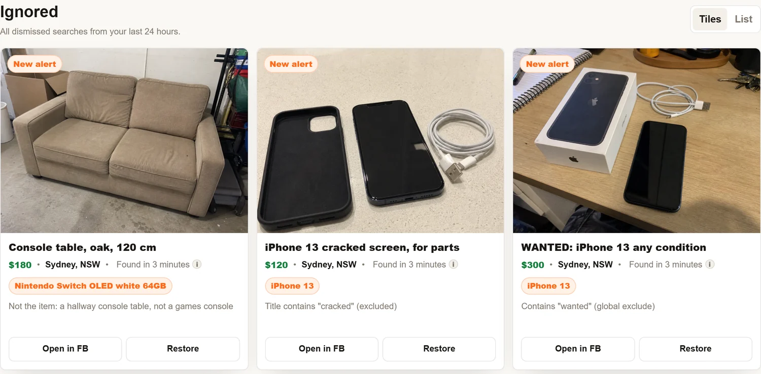 The Ignored tab showing three listings with the reason each was ignored: Not the item, Title contains cracked, and Contains wanted