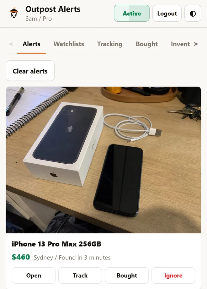 The iPhone app's Alerts tab showing an iPhone 13 Pro Max listing at $460 in Sydney, Found in 3 minutes, with Open, Track, Bought and Ignore buttons