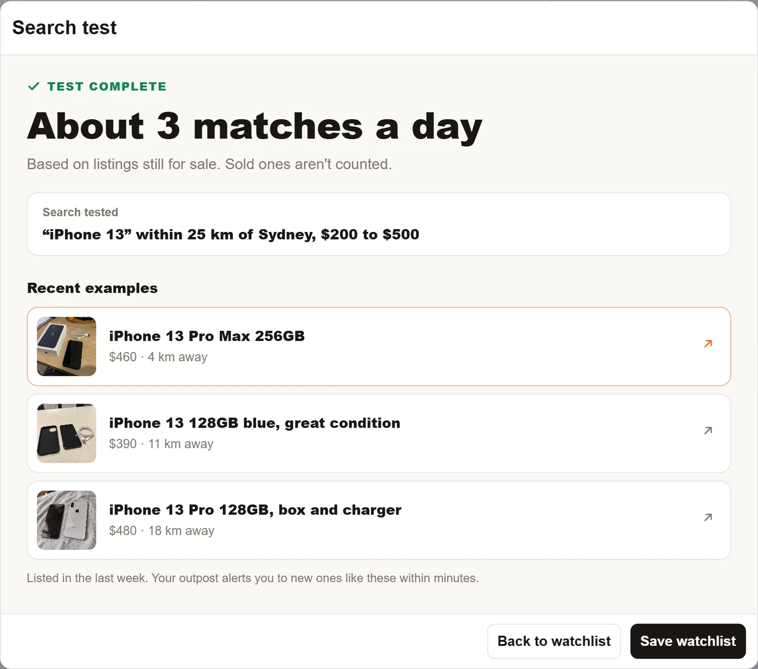 A Search test result reading About 3 matches a day, with the sentence tested and three recent example listings with photos, prices and distances