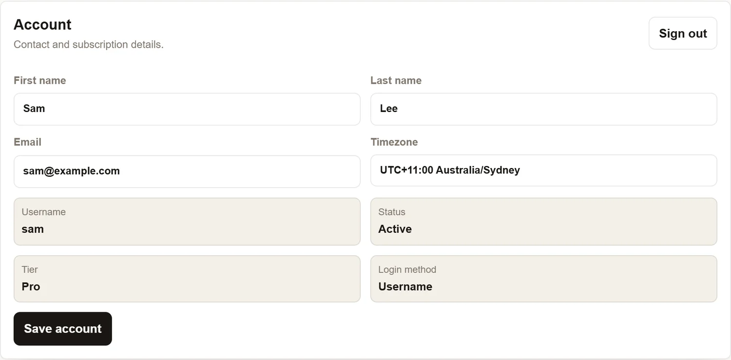 The Account settings panel with first name, last name, email and time zone fields, and read-only boxes showing username, status Active, tier Pro and login method