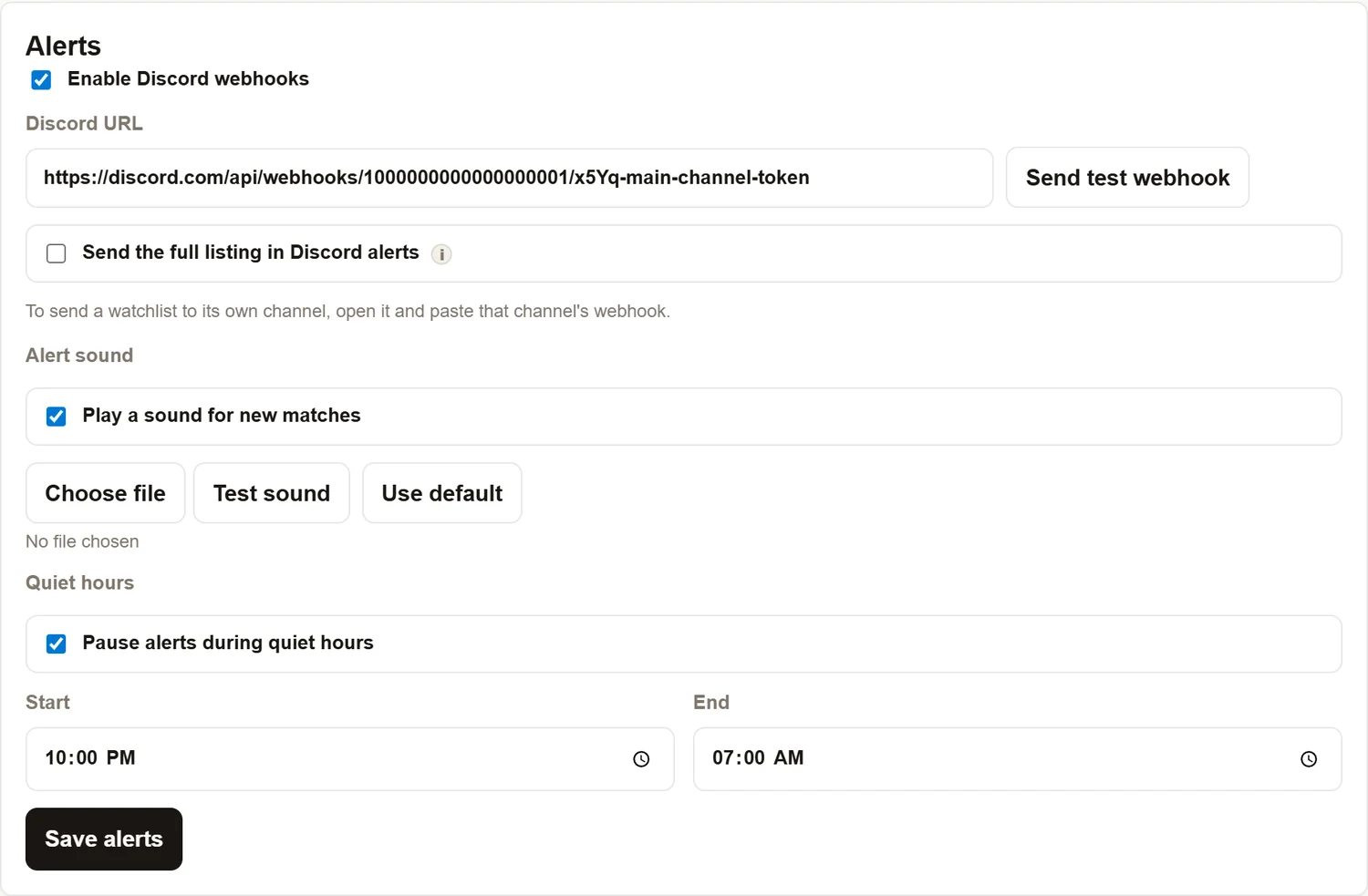The Alerts settings panel with Enable Discord webhooks ticked, the Discord URL field filled in, a Send test webhook button, an option to send the full listing in Discord alerts, the alert sound options and quiet hours