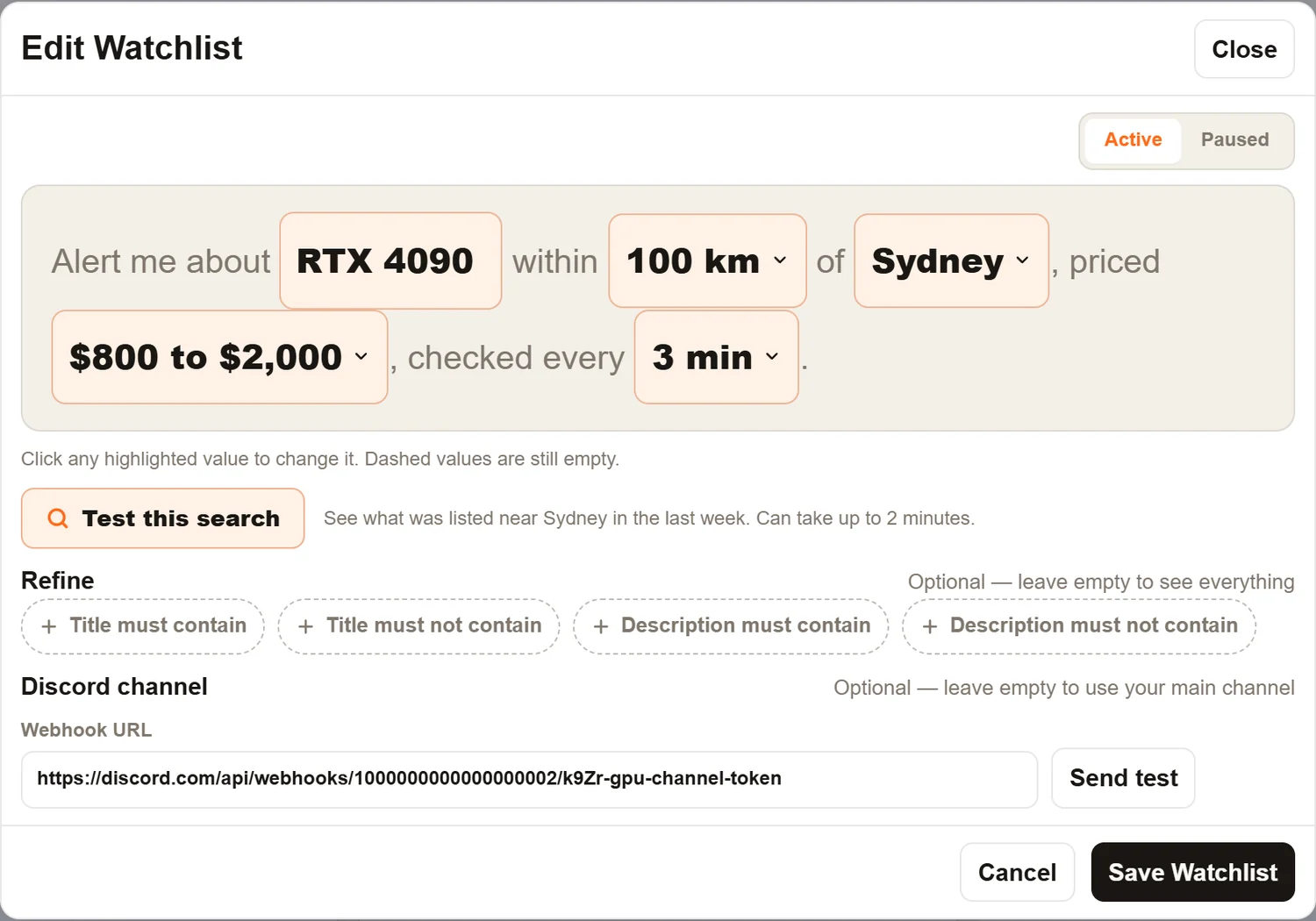 The watchlist editor for RTX 4090 with the Discord channel section at the bottom showing a Webhook URL field filled in and a Send test button